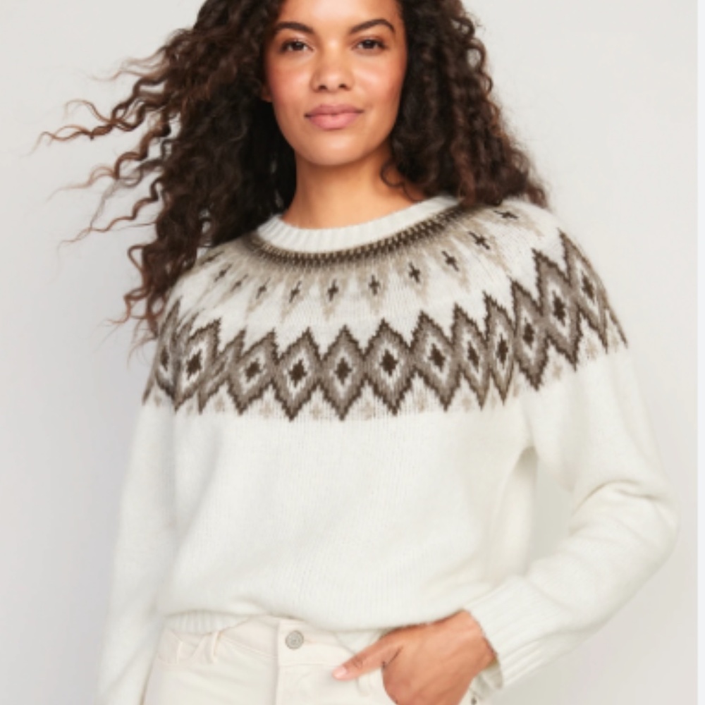 Fair Isle Cozy Shaker-Stitch Pullover Sweater